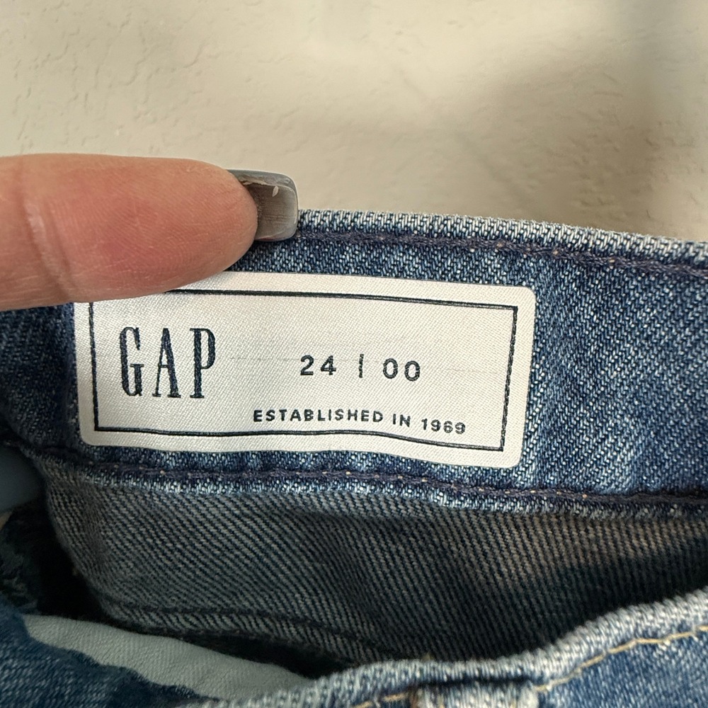 Gap Womens Medium Wash High Rise Denim Midi Skirt Raw Hem Front Slit Size 24 00 - Picture 4 of 7